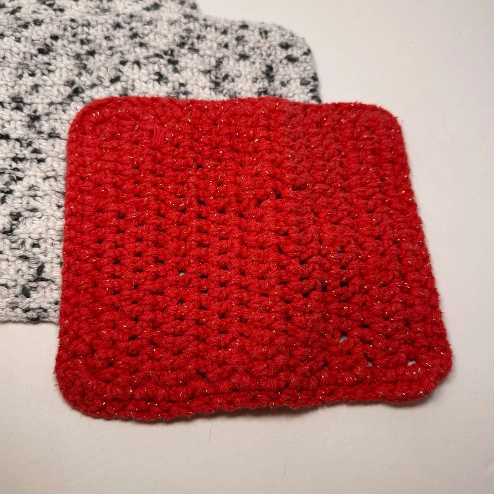 Handmade Crochet Washcloth Set 3pc Red Gold Metallic Black White Marble Textured
